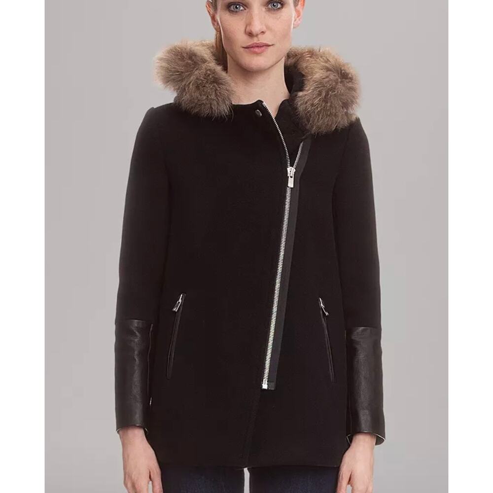 Sandro Zip Front Fur Hood Coat Wool Blend Womens Jacket Lamb Leather 36 US 4